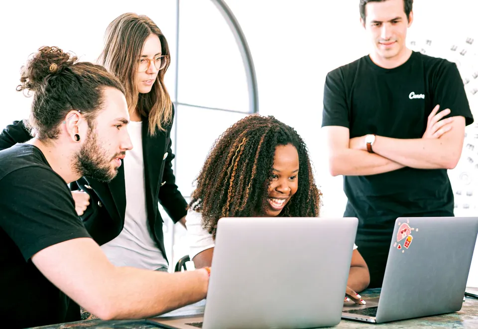 Team working together with HR technology